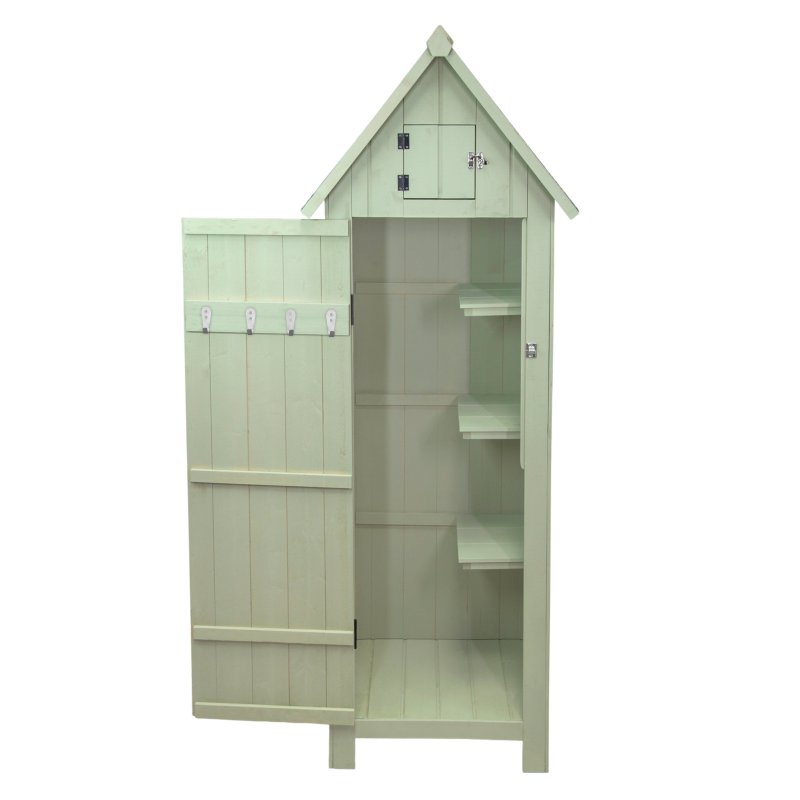 Wooden Garden Storage Shed Green Tool Organiser Cabinet Beach Hut Sentry Box Lockable Doors 3 Corner Shelves 4 Door Hooks Roof Hatch Padlock 4 Keys Ground Fixing Kit Screw Covers Fir Wood Asphalt Roof