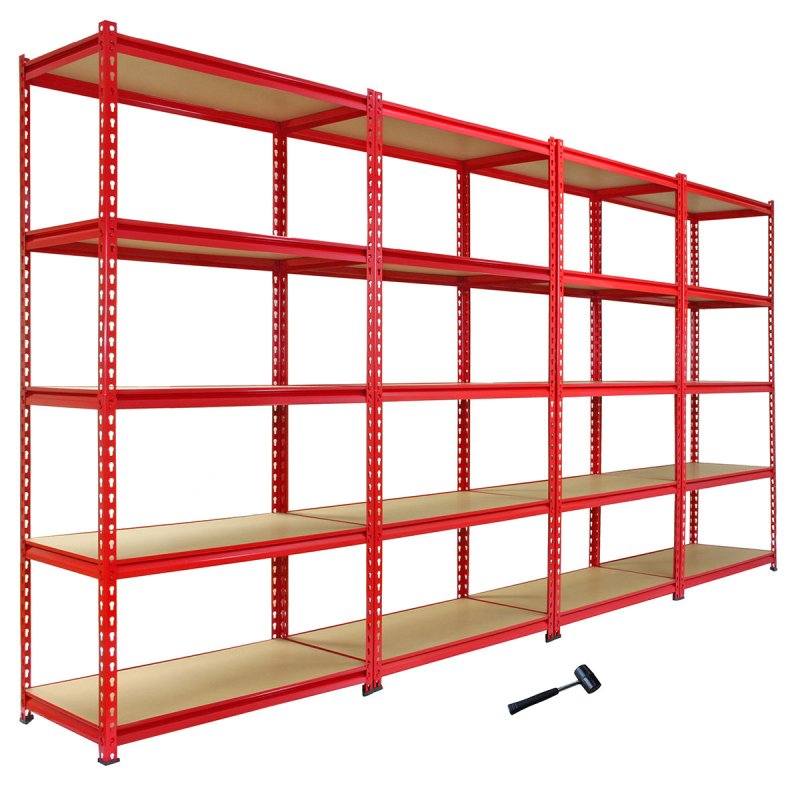 1 x Corner Garage Racking Unit & 4 x Single Racking Storage Units / 5 Z-Rax Red Steel & MDF Shelves / 8525kg capacity / 265kg per shelf / Free Rubber Mallet