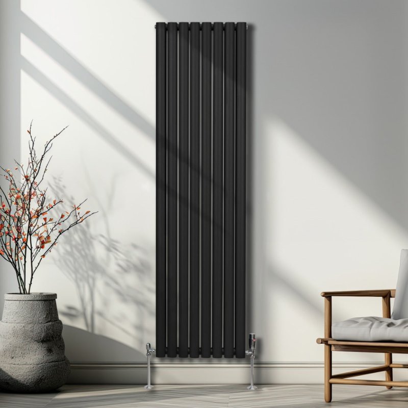 Oval Column Radiator 1800mm x 480mm Modern Designer Double Panel Central Heating Heater Matt Black Carbon Steel Vertical Kitchen Living Room Bathroom FREE Cleaning Brush Fixing Kit & Brackets