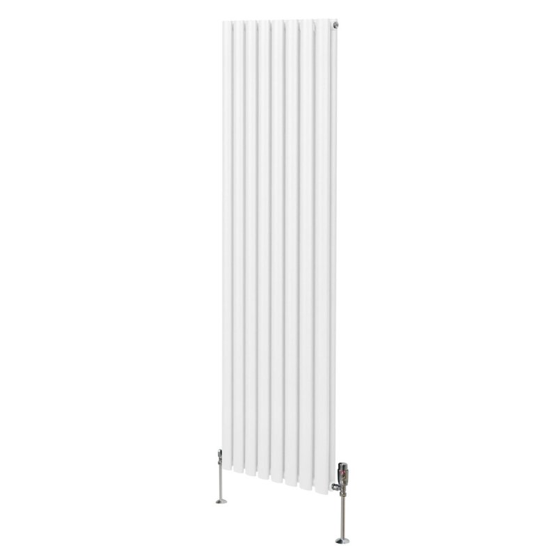 Oval Column Radiator 1800mm x 480mm & TRV Chrome Valves Modern Designer Double Panel Central Heating Heater White Steel Vertical Kitchen Living Room FREE Cleaning Brush Fixing Kit & Brackets