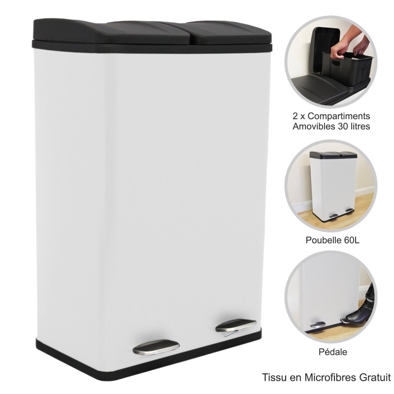 Recycling Pedal Bin Double Compartments Large 60L Rubbish Capacity Heavy-duty Metal Dustbin In White Kitchen Waste Garbage Dual Trash Can Eco