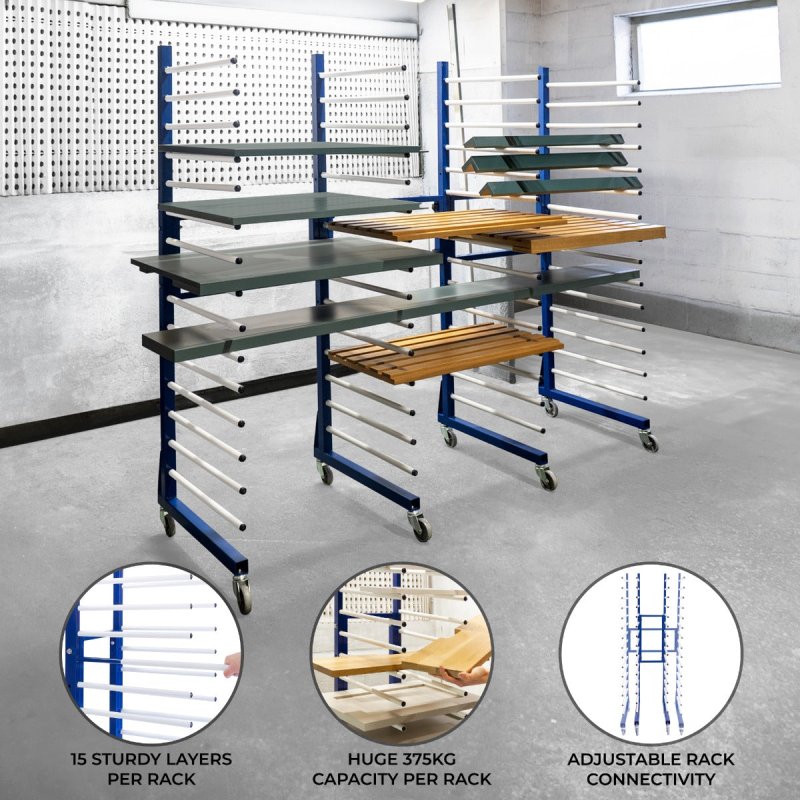 Combi Spray Drying Rack Trolley x 3 & 2 x 2 Way Connector Joining Kit Paint Shop Dry Storage 4 Heavy Duty 360 Degree Castors Mobile 15 Layers Per Rack 25kg Per Layer 375kg Capacity Adjustable Width