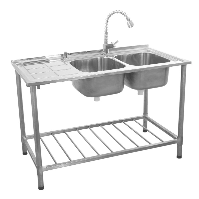 Catering Sink Stainless Steel Kitchen Commercial Restaurant Double Bowl Storage Shelf Unit & Tap  / Left Hand Drainer