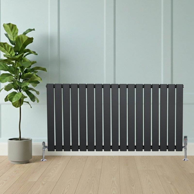 Flat Single Column Radiator & Valves - 600mm x 1190mm - Anthracite Grey