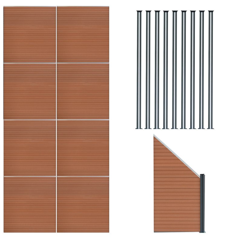 Composite Fence Panels, Angled Piece & LED Posts 6ft x 49ft - Brown
