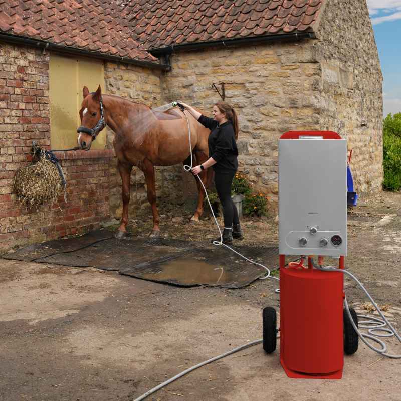 Portable Horse Shower With Steel Trolley Red 18L Tankless Instant Hot Water Gas Boiler LPG Heater 10m Water Hose & 9-Pattern Spray Gun Camping Outdoor 10