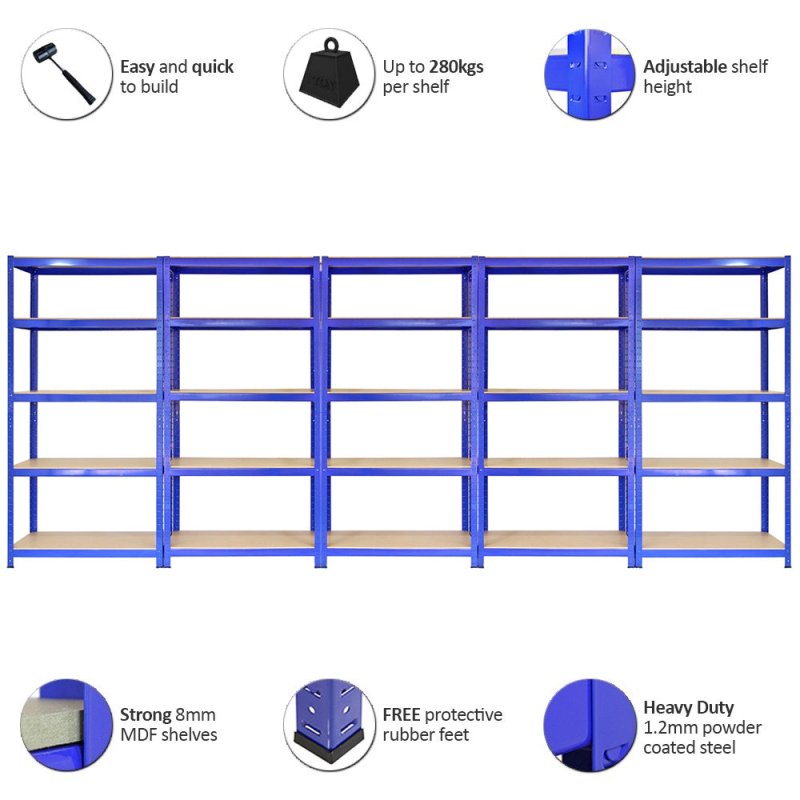 5 x T-Rax Heavy Duty Racking Units 90cm Greenhouse Shed Warehouse Garage Storage Shelving Blue Bays Shelves Metal Utility Racks Steel