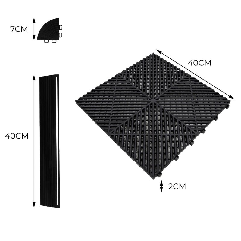 Vented Modular Interlocking Flooring Tiles & Edges 120 x Black Single Garage Heavy Duty Floor Mat Showroom Workshop Outdoor Polypropylene Anti Slip Weather Resistant Drainage Channels 3.2m x 6m 19.2m2