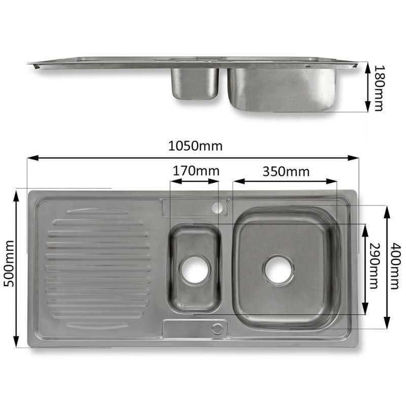 KuKoo Stainless Steel Kitchen Sink Basin & Confetti Tap, Reversible 1.5 Bowl, 105cm x 18cm x 50cm