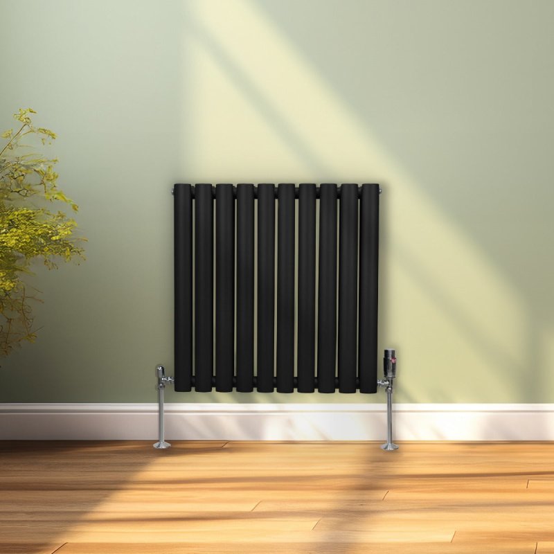 Oval Column Radiator 600mm x 600mm & TRV Chrome Valves Modern Designer Double Panel Central Heating Heater Black Steel Horizontal Kitchen Living Room FREE Cleaning Brush Fixing Kit & Brackets