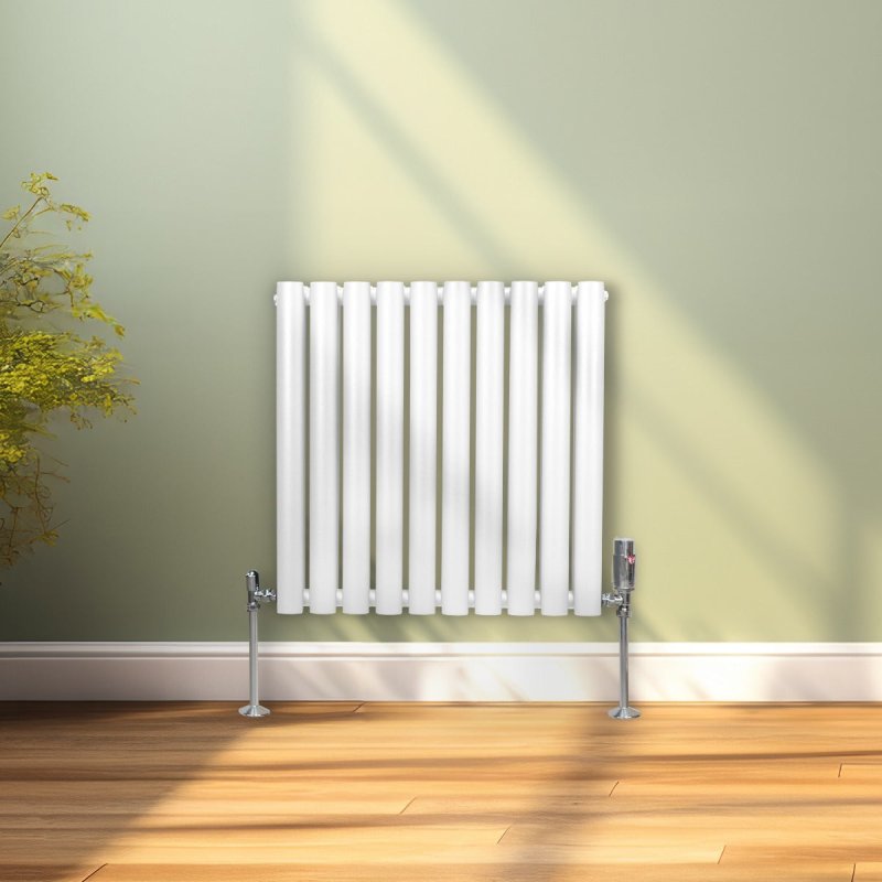 Oval Column Radiator 600mm x 600mm Modern Designer Double Panel Central Heating Heater Gloss White Carbon Steel Horizontal Kitchen Living Room Bathroom FREE Cleaning Brush Fixing Kit & Brackets