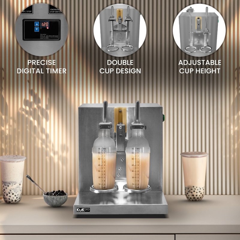 Professional Double-Cup Tea Shaker for Bubble Tea Automatic 120W Shaker with Digital Timer, 2 x 700ml Shaker Bottles, 350ml-1000ml Capacity, 400 r/min Rotation Speed, Stainless Steel Design