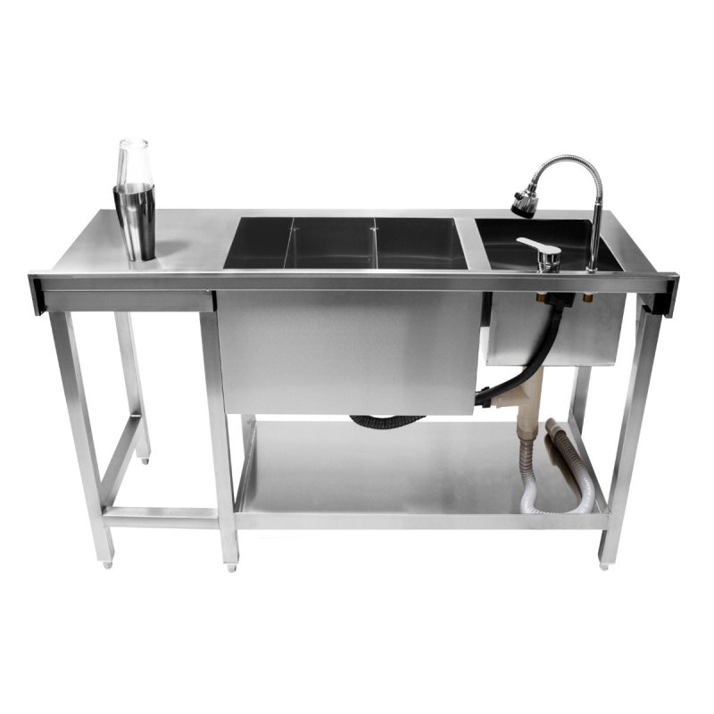 Cocktail Bar Station Stainless Steel 90L Insulated Ice Well Removable Dividers Free-Standing Workstation Large Sink 360 Degree Swivel Mixer Tap Speed Rail Slimline Bin Void FREE Boston Cocktail Shaker