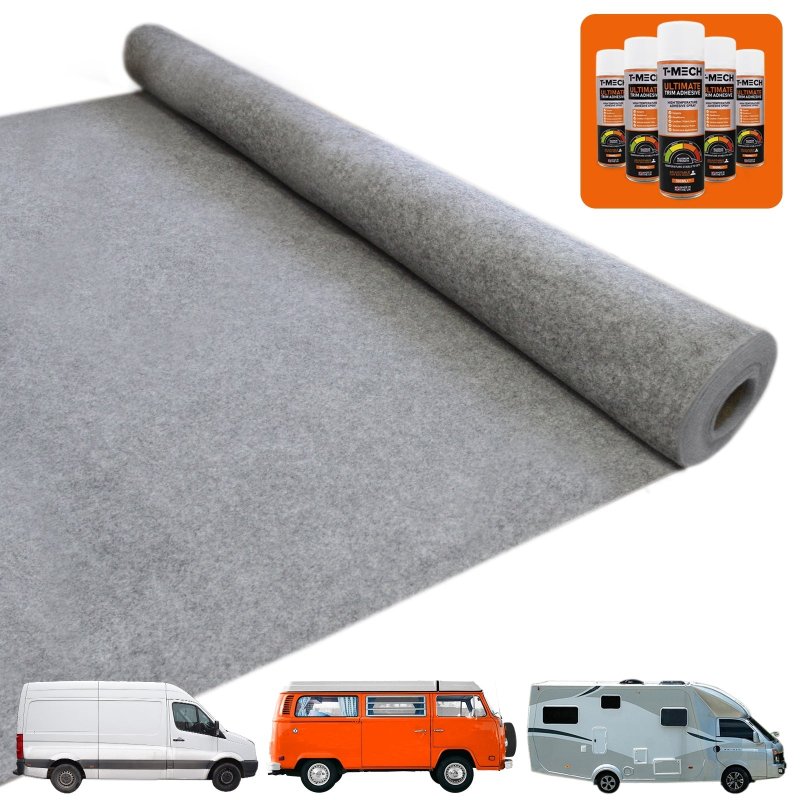 11m2 Van Lining Carpet Super Stretch Kit Camper Motor Homes Smoke Grey & 5 Heavy Duty Adhesive Glue Spray Cans