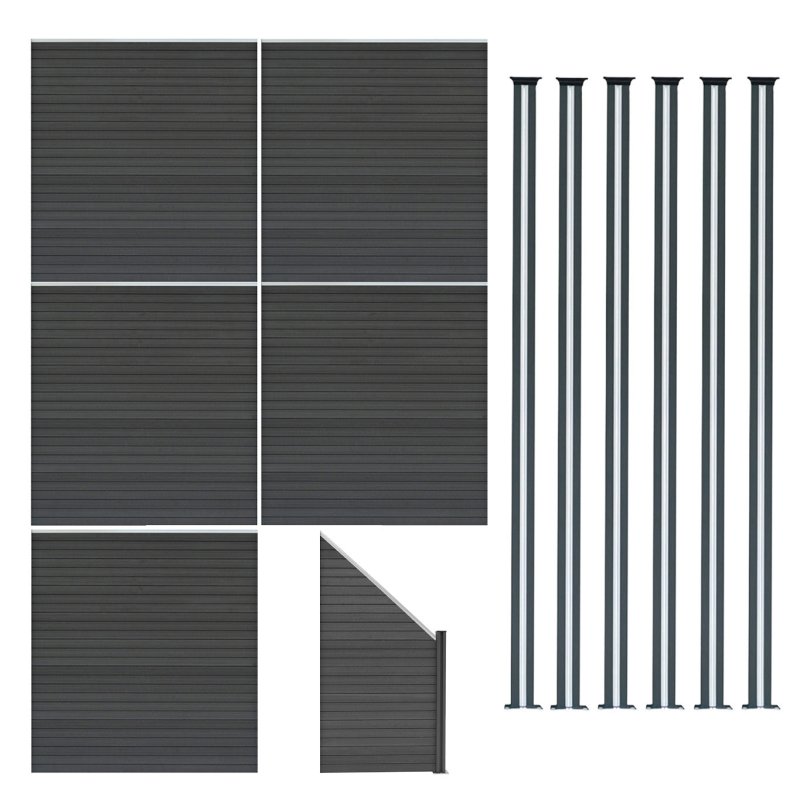 Composite Fence Panels, Angled Piece & LED Posts 6ft x 31.5ft - Grey
