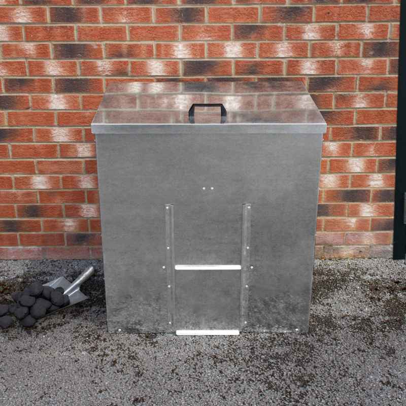 Coal Storage Bunker 250kg 390L Galvanised Steel Raised Metal Base Strengthening Bar Baffle Plate Waterproof Rust & Rodent Proof Wood Fire Sliding Door Hinged Lid Handle FREE Coal Shovel