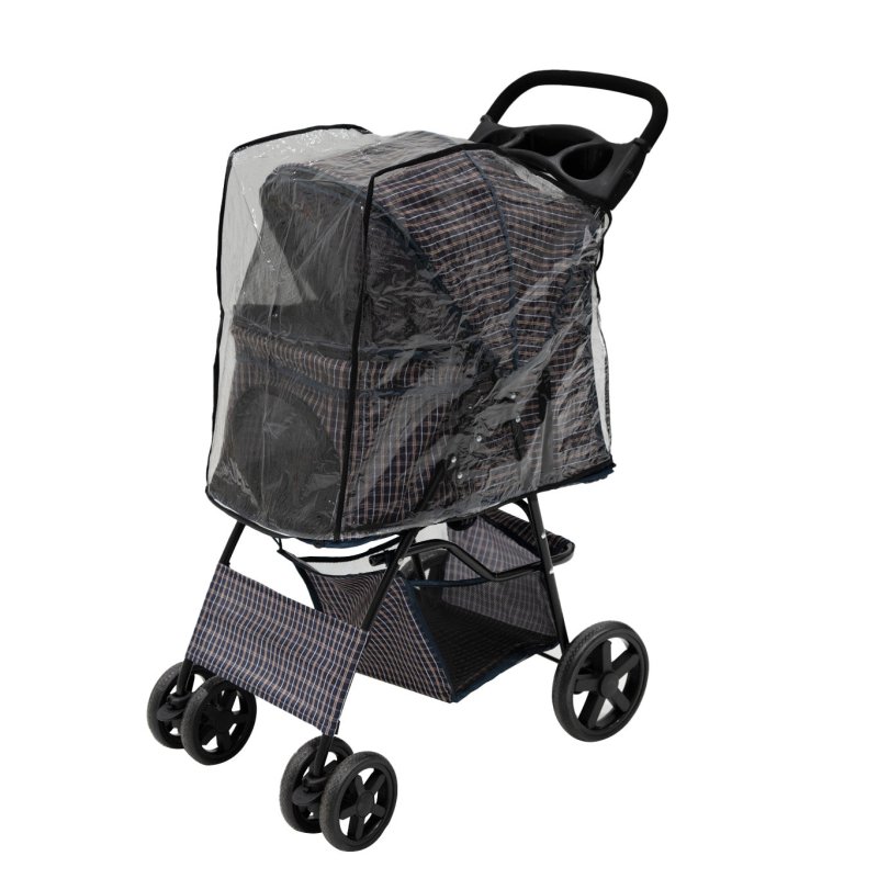 Pet Stroller Pushchair Blue Tartan Carrier Foldable Trolley Travel Cart 15kg Capacity 4 Wheels Brakes Cat Dog Safety Hook Leash Cushion Canopy Mesh Windows Basket Cup Holders & Waterproof Rain Cover