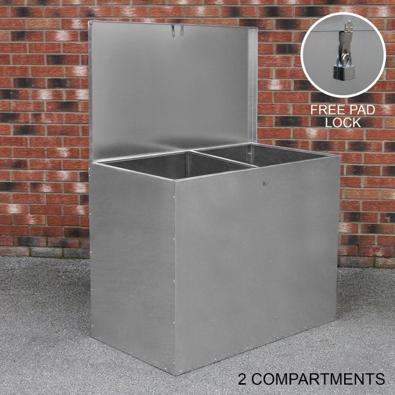 Large Storage Feed Bins 64L Galvanised Metal Waterproof Rodent Proof Outdoor Farm Garden Stables Animal Lockable Container Free Pad Lock | 2 Compartments