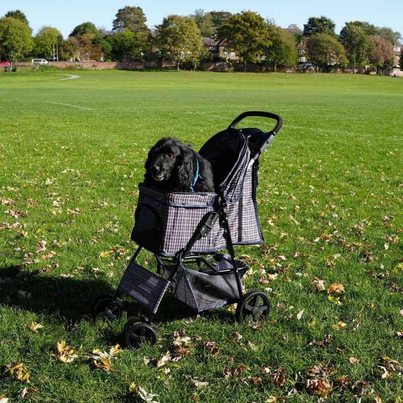 Pet Stroller Pushchair Blue Tartan Carrier Foldable Trolley Travel Cart 15kg Capacity 4 Wheels Brakes Cat Dog Safety Hook Leash Cushion Canopy Mesh Windows Basket Cup Holders & Waterproof Rain Cover