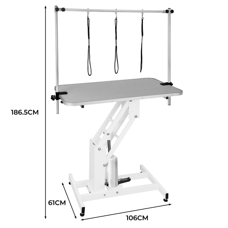 Hydraulic Pet Dog Grooming Table Lift Height Adjustable H Bar 180kg Weight Capacity Large 106cm x 61cm Grey Rubber Top Professional Heavy Duty Steel White Frame 4 Adaptable Stable Feet 3 Loop Leashes