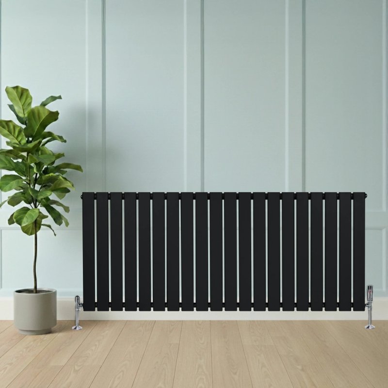 Flat Single Column Radiator & Valves - 600mm x 1400mm - Black