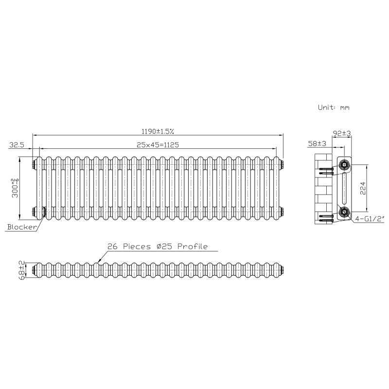 Traditional 2 Column Radiator - 300 x 1190mm - Raw Metal