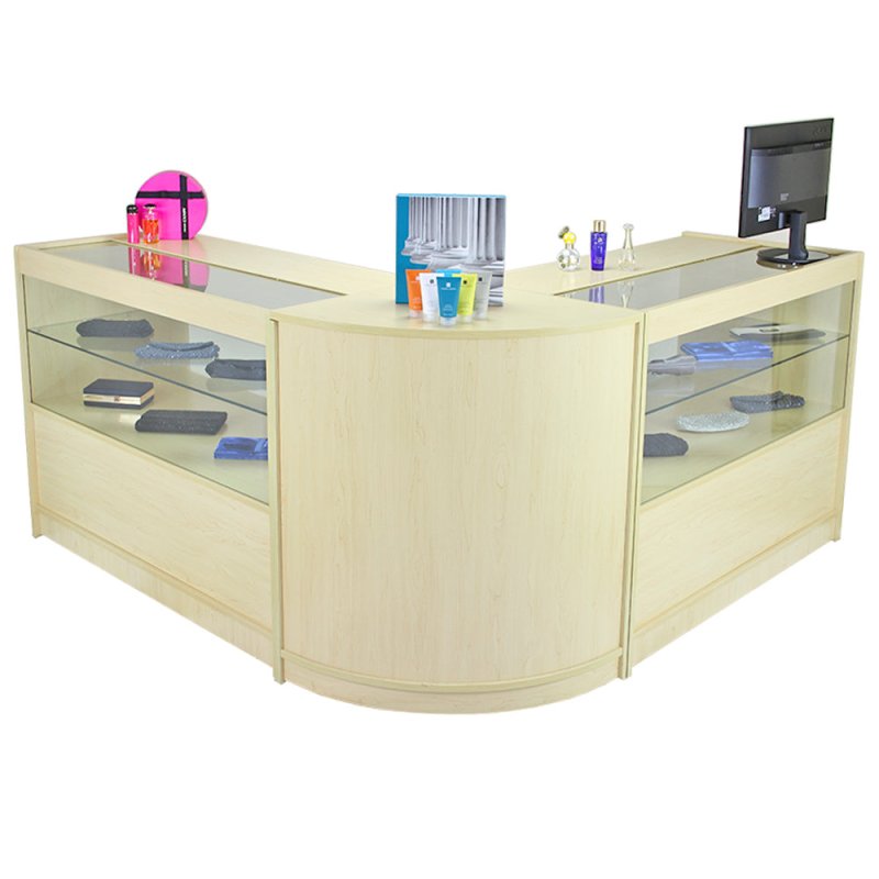 MonsterShop Gemini Retail Display Shop Counters Set & Glass Showcase Cabinet Units, Maple