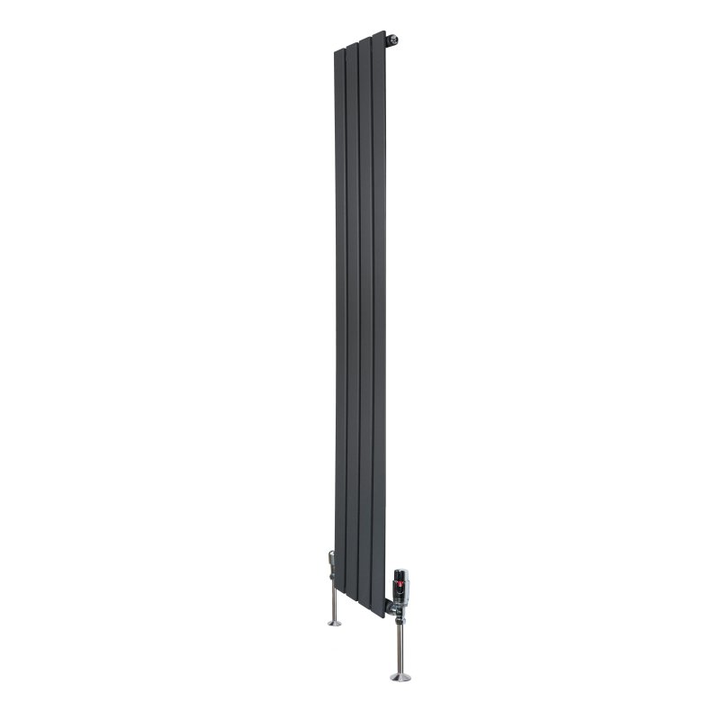 Flat Single Column Radiator & Valves - 1600mm x 280mm - Anthracite Grey