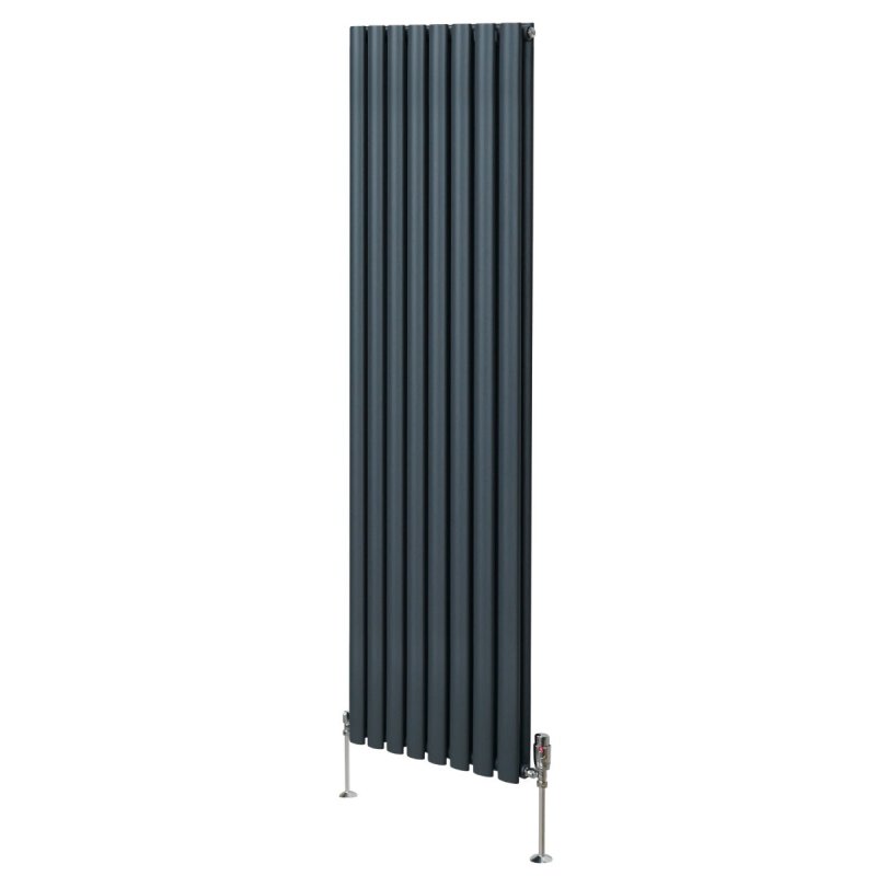 Oval Column Radiator 1800mm x 480mm & TRV Chrome Valves Modern Designer Double Panel Central Heating Heater Anthracite Grey Steel Vertical Kitchen Living Room FREE Cleaning Brush Fixing Kit & Brackets