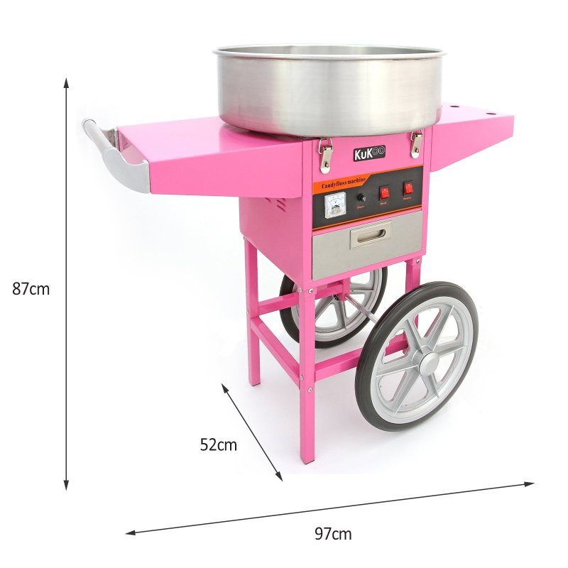 KuKoo Commercial Cotton Candy Floss Machine & Cart / 500 candy floss sticks / Retro Pink / 900w