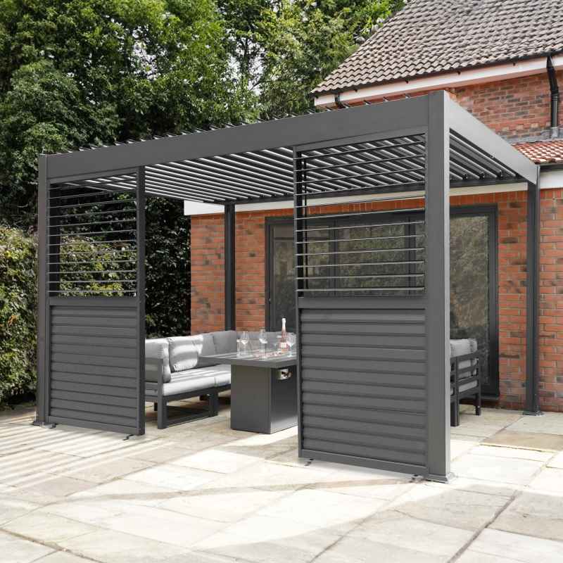 Anthracite Aluminium Pergola With LED Lights & 2 x Shutter Panels - 3m x 4m