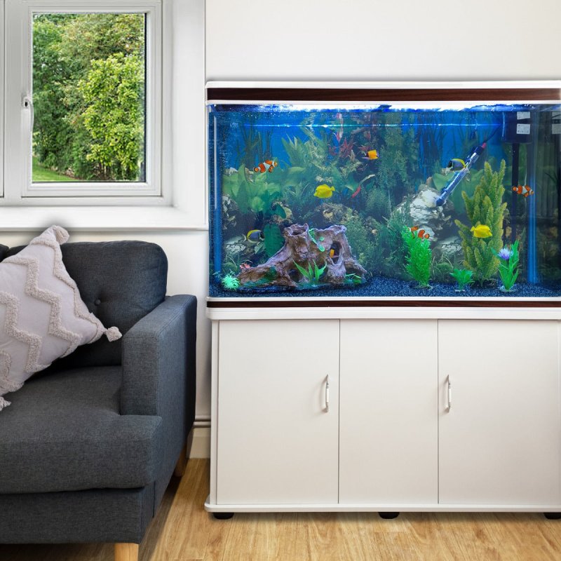 MonsterShop Fish Tank Aquarium & Starter Accessories, White Cabinet, Blue Gravel, 4ft, 300L