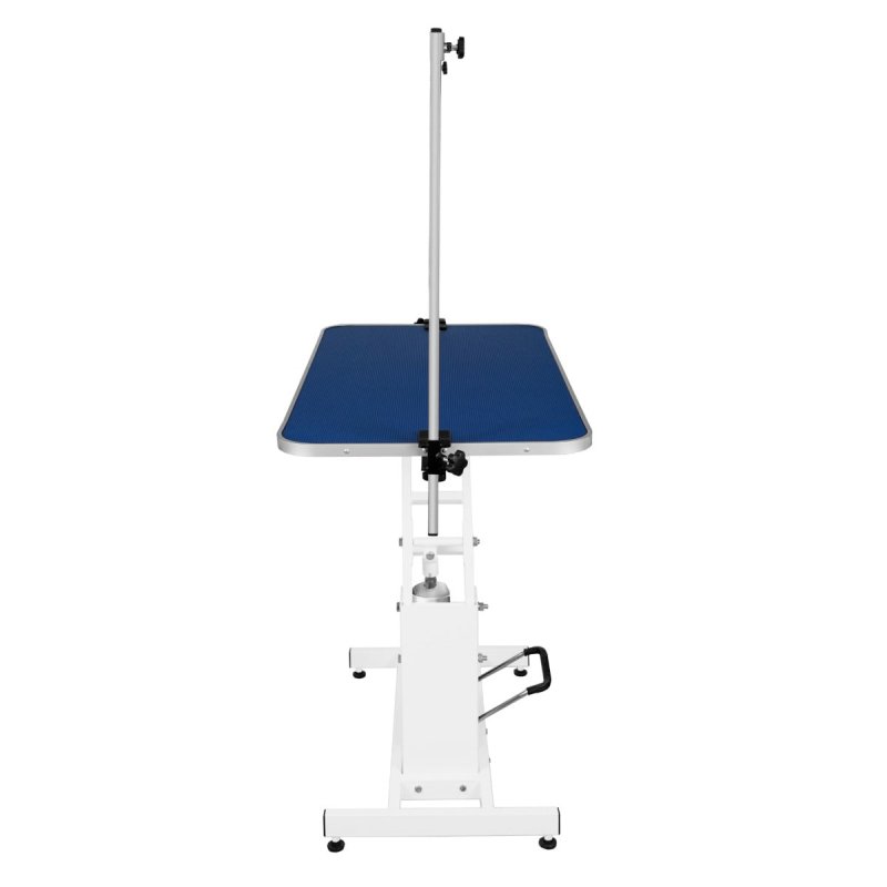 Hydraulic Pet Dog Grooming Table Lift Height Adjustable H Bar 180kg Weight Capacity Large 106cm x 61cm Blue Rubber Top Professional Heavy Duty Steel White Frame 4 Adaptable Stable Feet 3 Loop Leashes