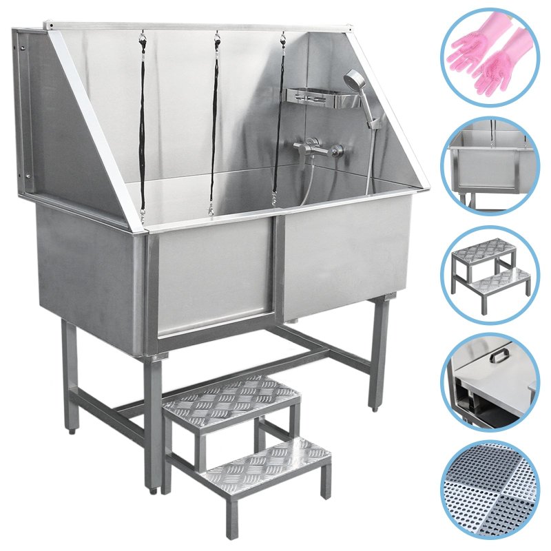 Dog Bath Professional Stainless Steel  Pet Grooming Station 600mm Extra-Large Heavy Duty Metal Wash-Tub Groomer Walk In Shower Clean | With Mixer Tap And Drainage Kit | FREE Gloves