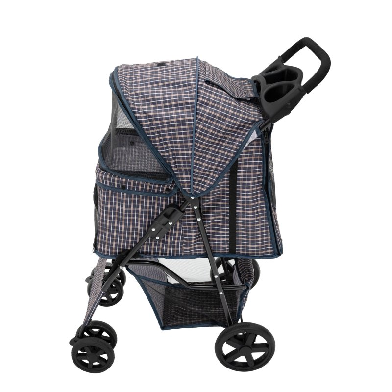 Pet Stroller Pushchair Blue Tartan Carrier Foldable Trolley Travel Cart 15kg Capacity 4 Wheels Brakes Cat Dog Safety Hook Leash Cushion Canopy Mesh Windows Basket Cup Holders & Waterproof Rain Cover