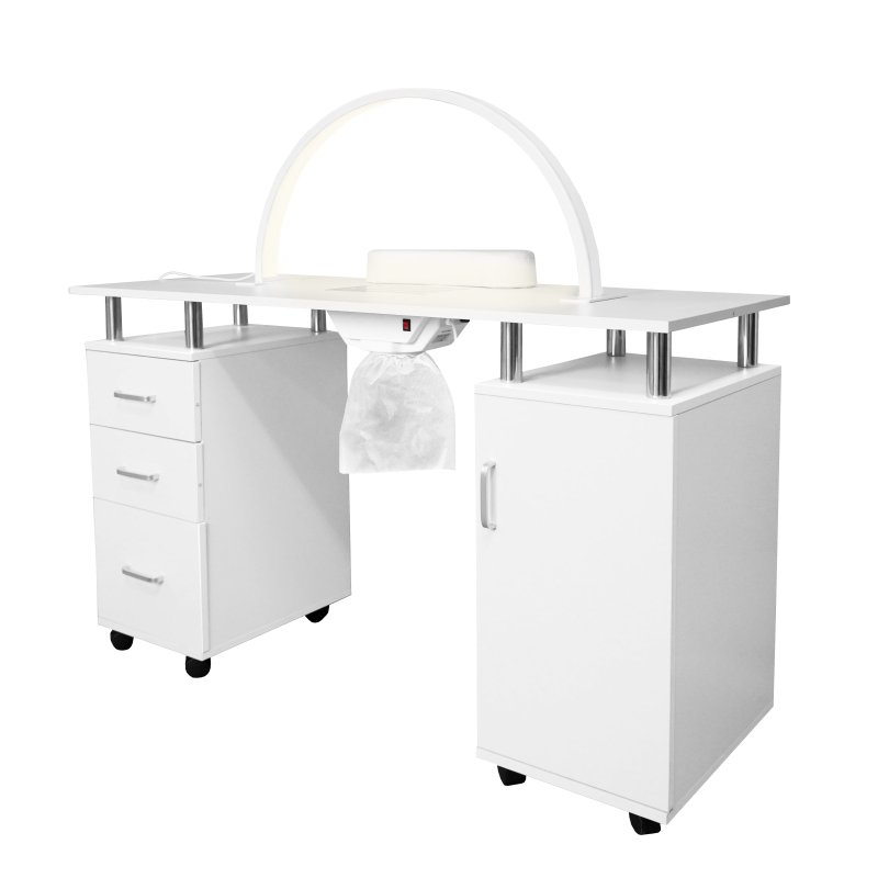 Professional Manicure Table & LED Half Moon Lamp 29.5In Nail Beauty Salon Dust Collector Removable Cushion Wheels Pull Out Drawers 1 Cupboard 2 Shelves 3 Colour Dimmable Temperature Light Phone Holder