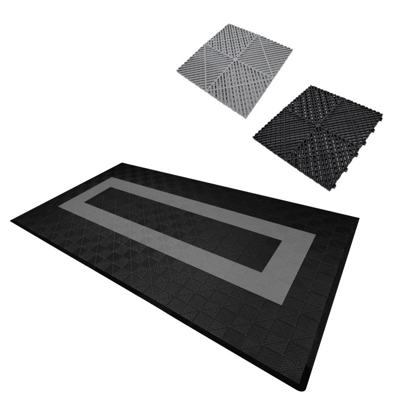 Vented Modular Interlocking Flooring Tiles & Edges 90 Black & 30 Grey Single Garage Heavy Duty Floor Mat Showroom Workshop Outdoor Polypropylene Anti Slip Weather Resistant Drainage 3.2m x 6m 19.2m2