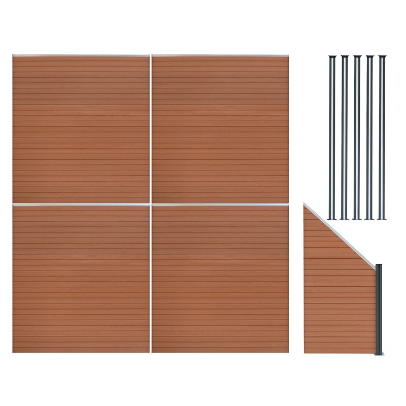Composite Fence Panels, Angled Piece & LED Posts 6ft x 25ft - Brown