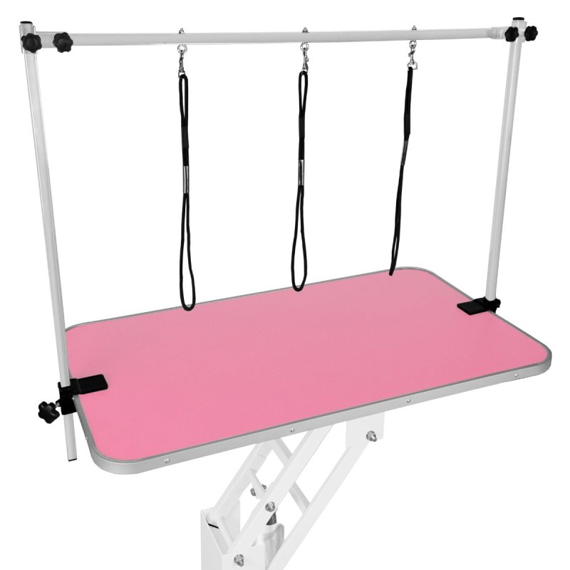 Hydraulic Pet Dog Grooming Table Lift Height Adjustable H Bar 180kg Weight Capacity Large 106cm x 61cm Pink Rubber Top Professional Heavy Duty Steel White Frame 4 Adaptable Stable Feet 3 Loop Leashes