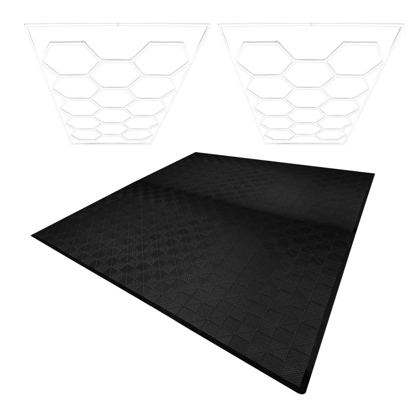 Vented Modular Interlocking Flooring Tiles x 225 Black With Edges & Hexagon LED Lighting 28 White Lights & Border 6500K 3 Mount Options & Suspended Ceiling Kit Single Garage Floor Mat 6m x 6m 36m2