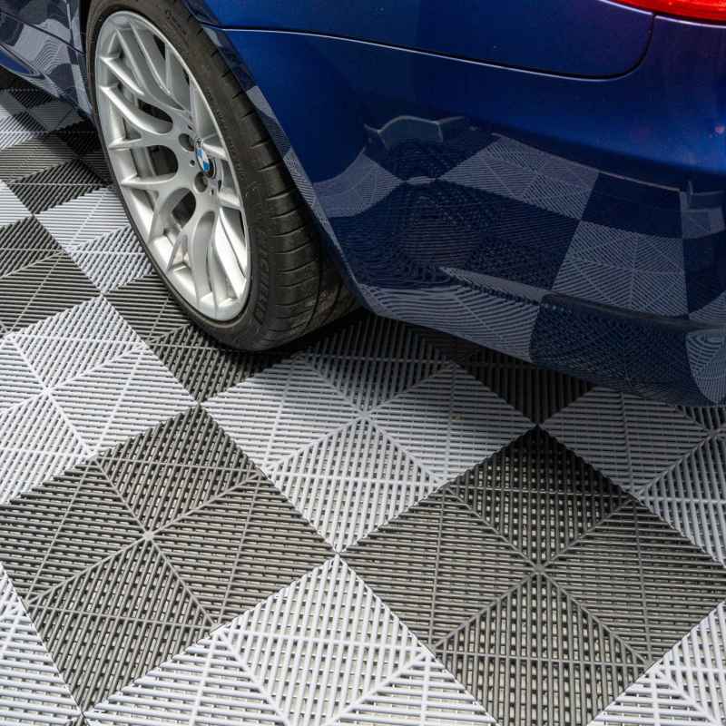Vented Modular Interlocking Flooring Tiles & Edges 120 Black & 120 Grey Double Garage Heavy Duty Floor Mat Showroom Workshop Outdoor Polypropylene Anti Slip Weather Resistant Drainage 6m x 6m 36m2