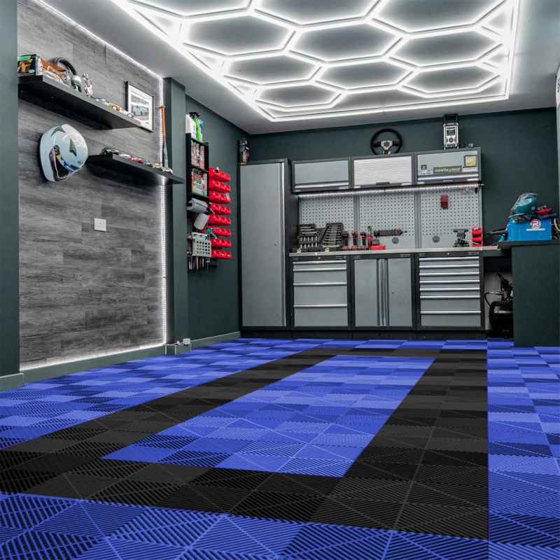 Vented Modular Interlocking Flooring Tiles & Edges 90 Blue & 30 Black Single Garage Heavy Duty Floor Mat Showroom Workshop Outdoor Polypropylene Anti Slip Weather Resistant Drainage 3.2m x 6m 19.2m2