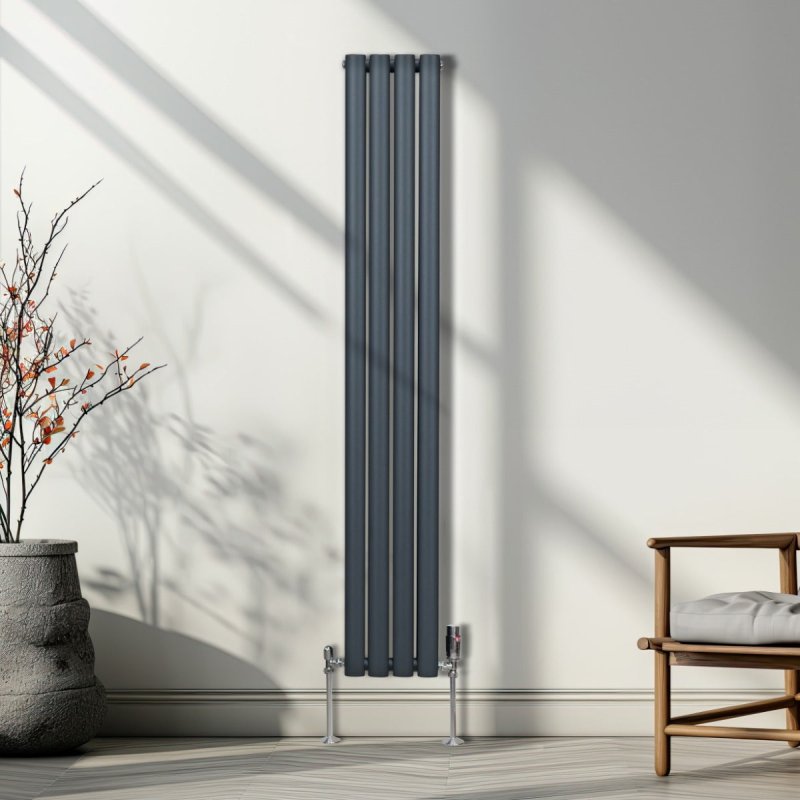 Oval Column Radiator 1600mm x 240mm Modern Designer Double Panel Central Heating Heater Matt Anthracite Grey Carbon Steel Vertical Kitchen Living Room FREE Cleaning Brush Fixing Kit & Brackets