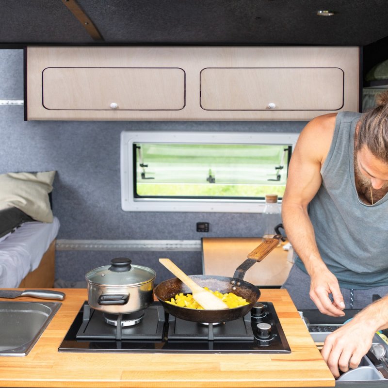 Campervan Overhead Cabinet 2 Door Top Locker Central Divider Camper Van Furniture Storage Lightweight Solid Birch Plywood Unpainted Soft Close Hinges Push Button Locks Pre Drilled Holes Fixing Kit