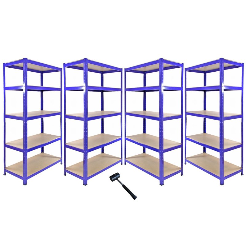 1 x Corner Garage Racking Unit & 4 x Single Racking Storage Units / 5 T-Rax Blue Steel & MDF Shelves / 6925kg capacity / 265kg per shelf / Free Rubber Mallet