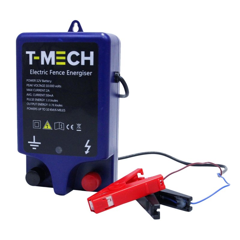 T-Mech Electric 12V Fence Energiser Water Resistant 1.0J 10KM Battery Powered Fencer