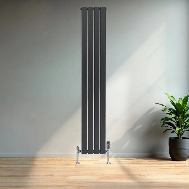 Flat Single Column Radiator & Valves - 1800mm x 280mm - Anthracite Grey
