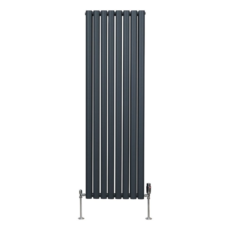 Oval Column Radiator 1600mm x 480mm & TRV Chrome Valves Modern Designer Double Panel Central Heating Heater Anthracite Grey Steel Vertical Kitchen Living Room FREE Cleaning Brush Fixing Kit & Brackets