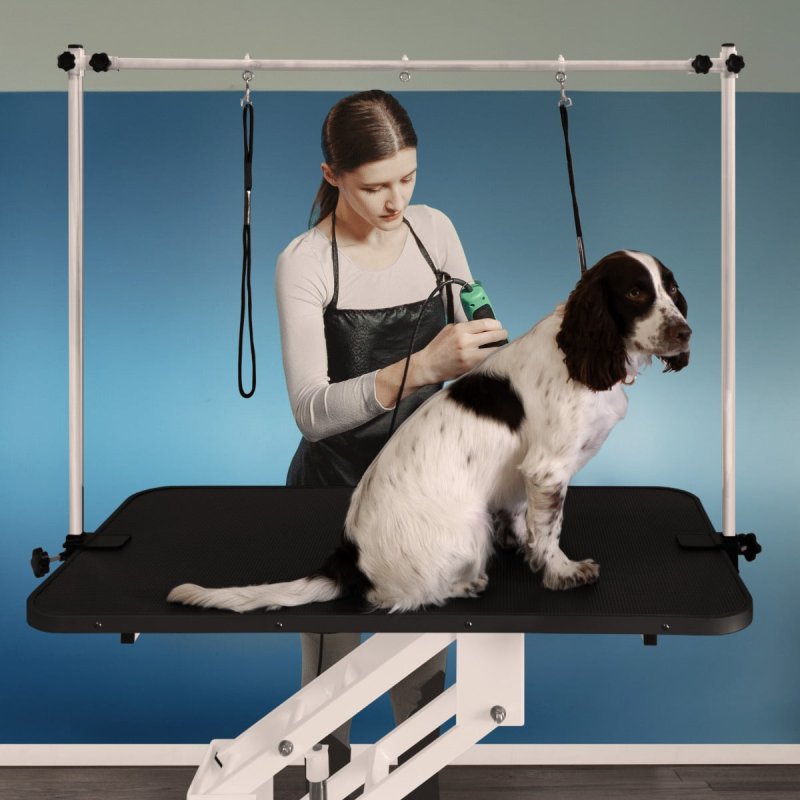 Hydraulic Pet Dog Grooming Table Lift Height Adjustable H Bar 180kg Weight Capacity Large 106cm x 61cm Black Rubber Top Professional Heavy Duty Steel White Frame 4 Adaptable Stable Feet 3 Loop Leashes