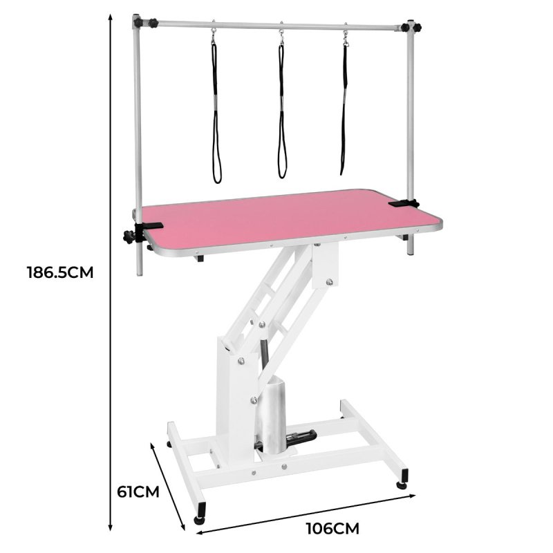 Hydraulic Pet Dog Grooming Table Lift Height Adjustable H Bar 180kg Weight Capacity Large 106cm x 61cm Pink Rubber Top Professional Heavy Duty Steel White Frame 4 Adaptable Stable Feet 3 Loop Leashes